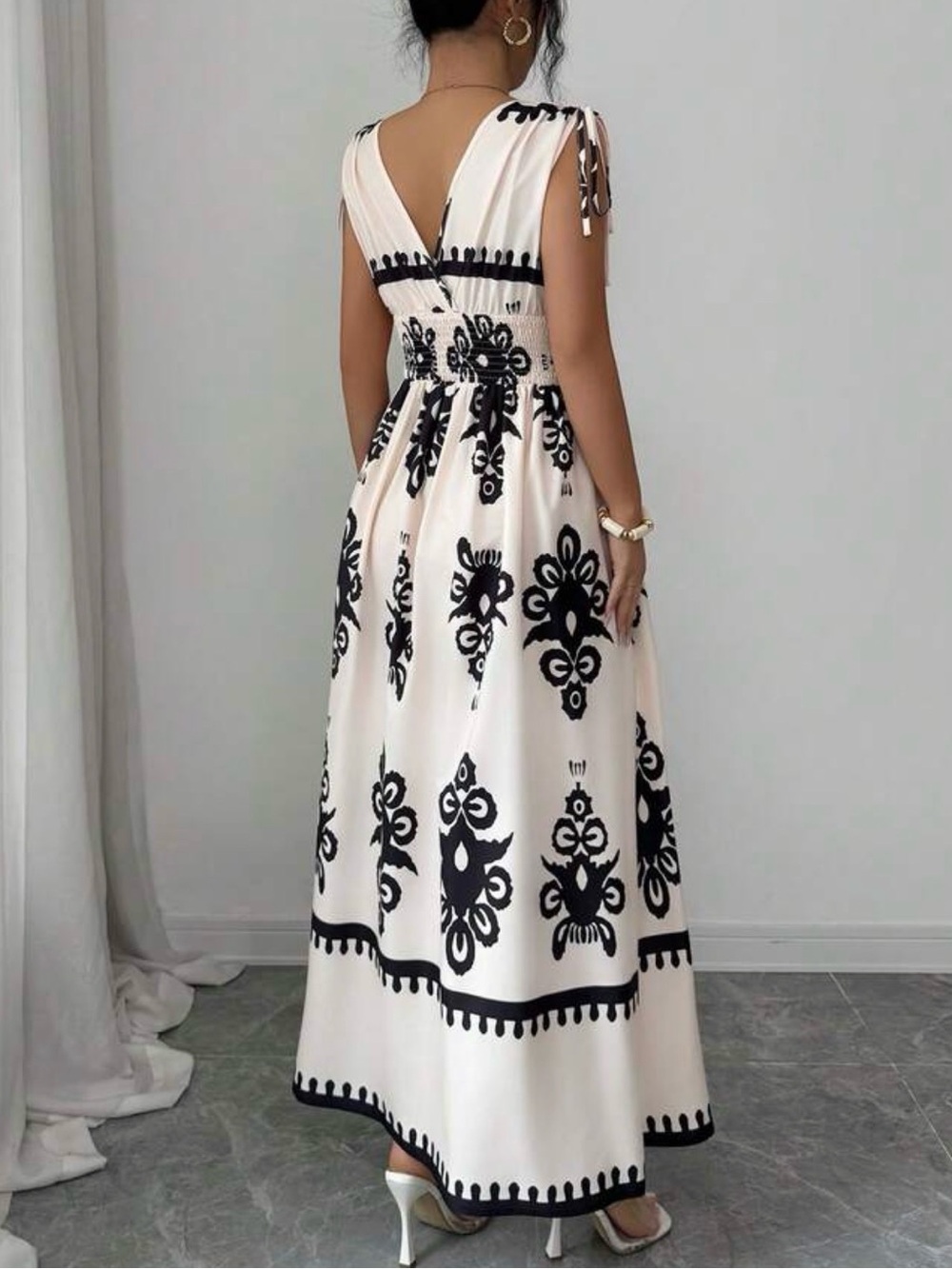 Women's Black & White Maxi Dress with Floral Motif - Picture 3 of 3